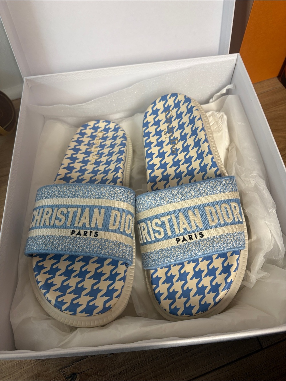 Dior women Blue & White Houndstooth Slide Sandals